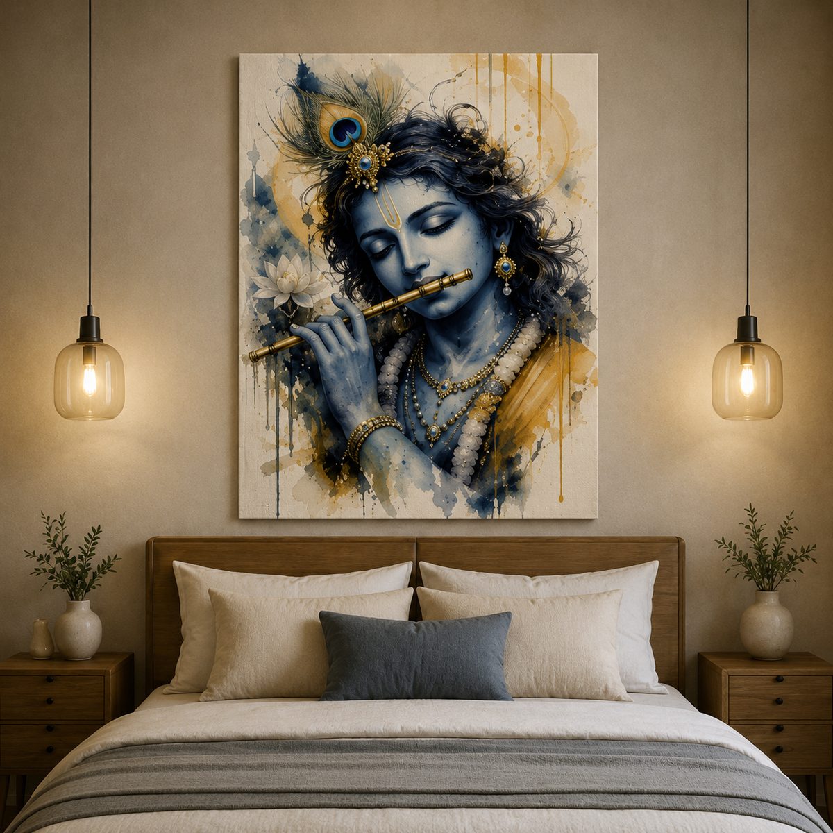 Krishna’s Divine Melody – Elegant Watercolor Canvas Art