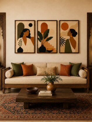 Boho Tropical Leaves & Woman Silhouette Canvas Art – Earthy Minimalist Portrait Print Set