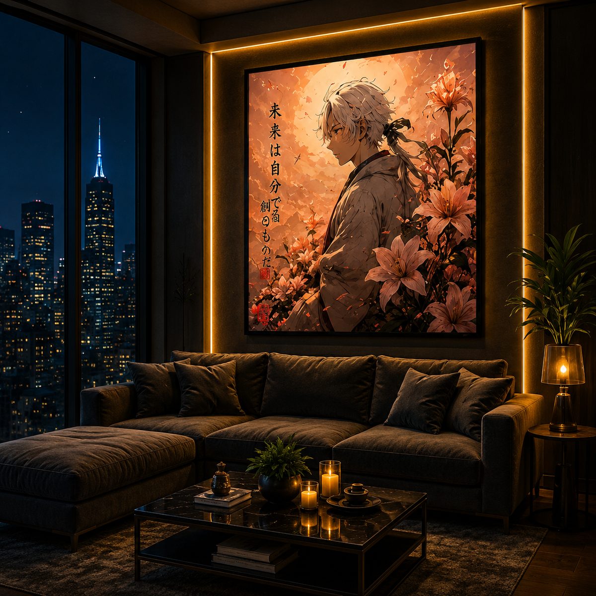 Japanese Samurai Anime Wall Art – Pastel Pink Lily Mountain Canvas Print - Image 3