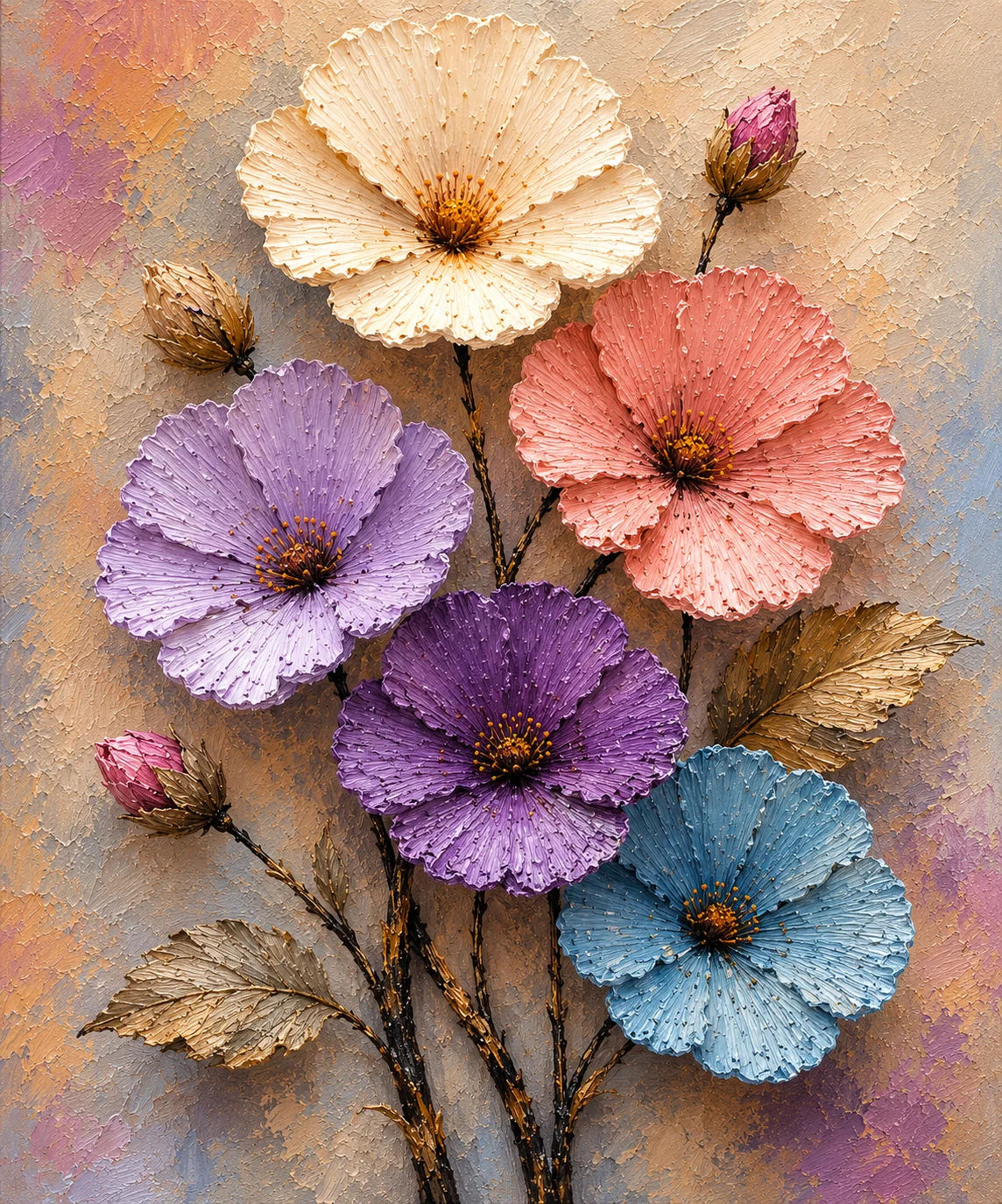 Pastel Dream 3D Floral Canvas Print – Heavy Impasto Palette Knife Wildflower Art - Image 2