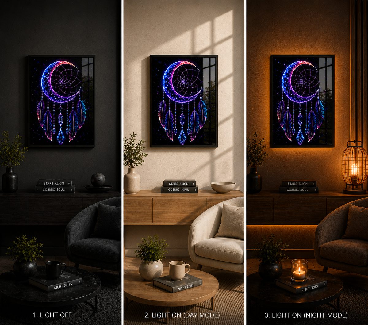 Crescent Moon Celestial Dreamcatcher – Mystical Crystals & Neon Galactic Wall Art Blockout Print - Image 4