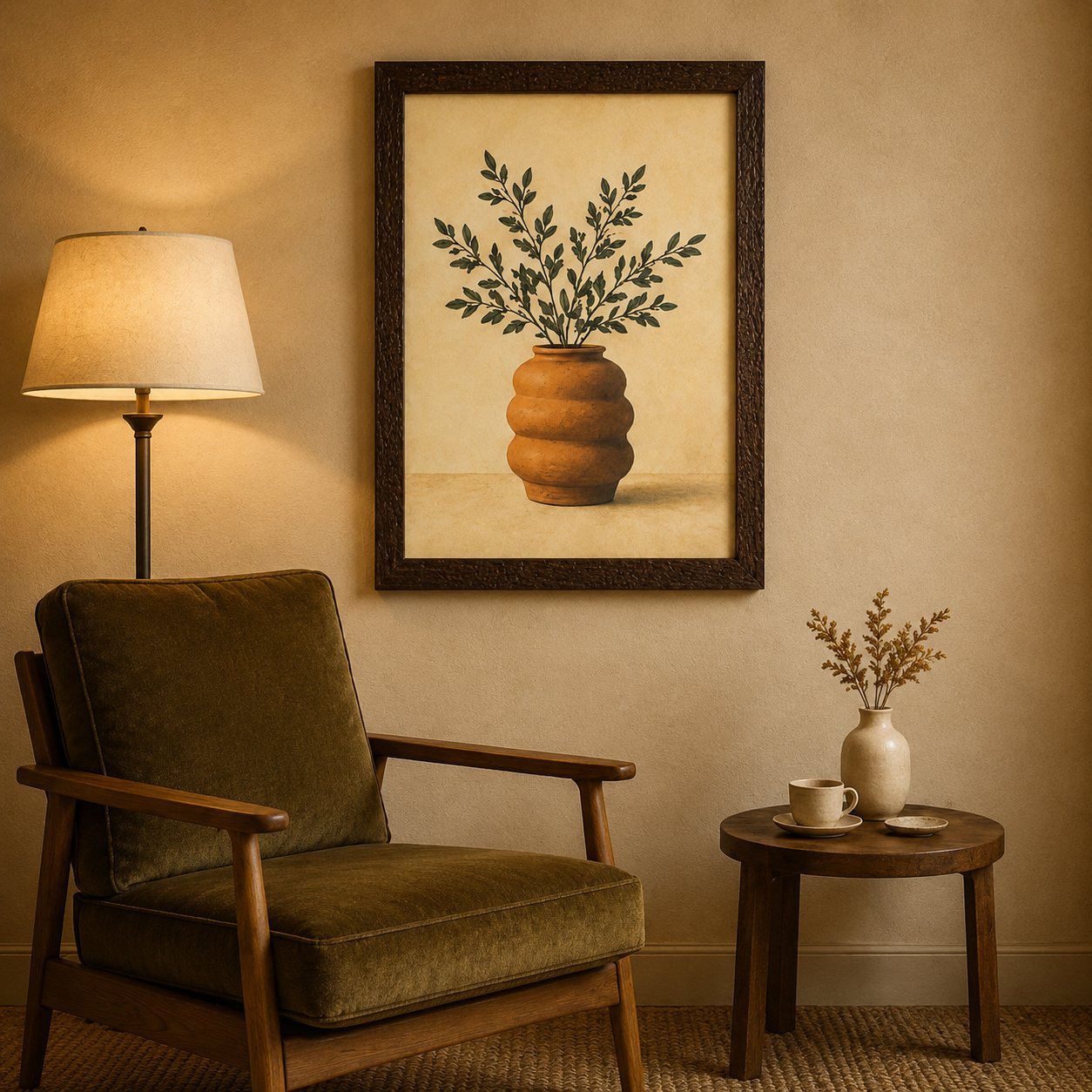 Minimalist Terracotta Ribbed Vase & Olive Branch Canvas Art – Organic Modern Botanical Print - Image 4