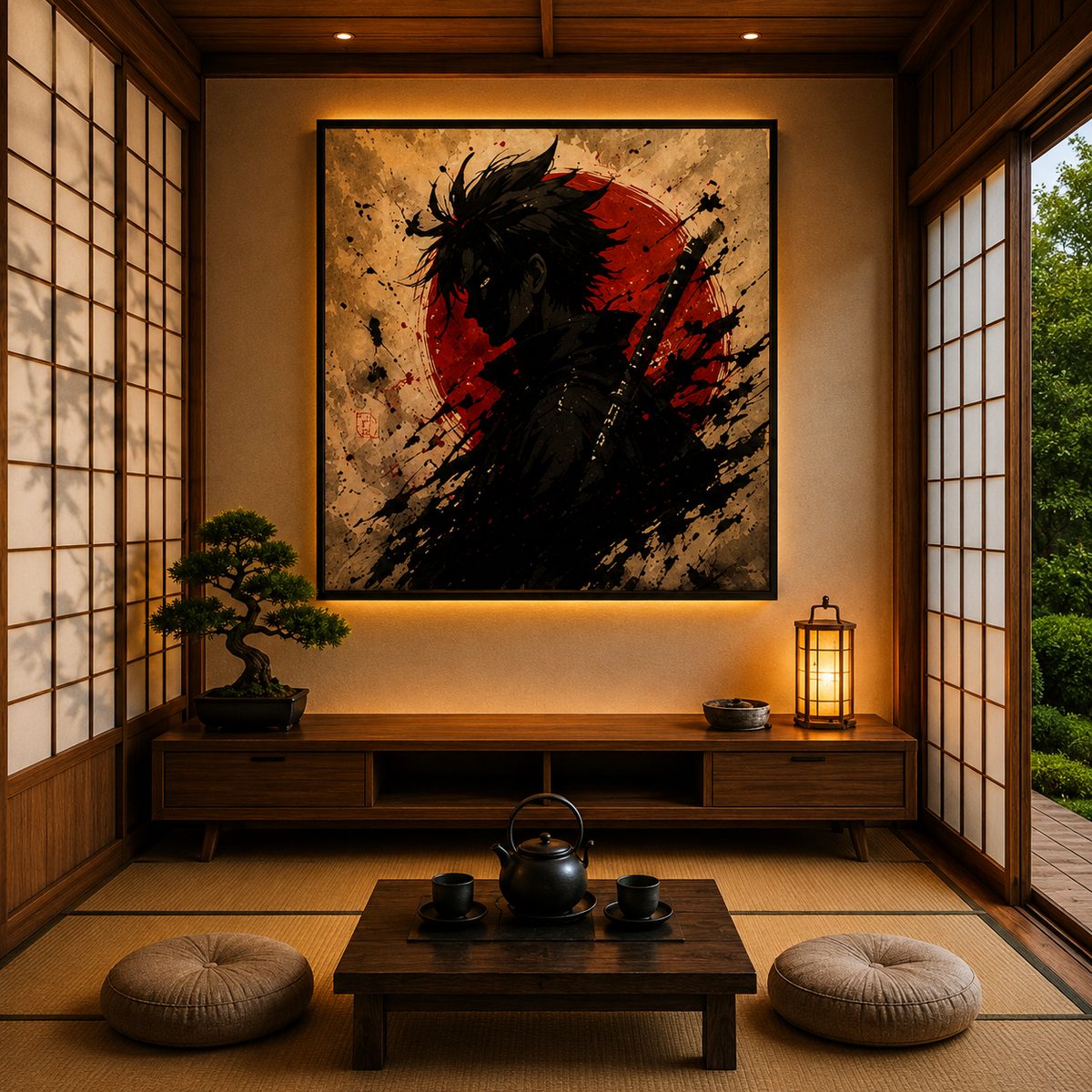 Japanese Samurai Anime Wall Art – Rising Sun Katana Ink Splatter Canvas Print