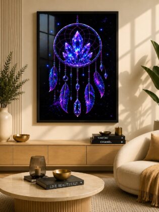 Mystical Crystal Cluster Dreamcatcher – Neon Cosmic Spiritual Wall Art Blockout Print