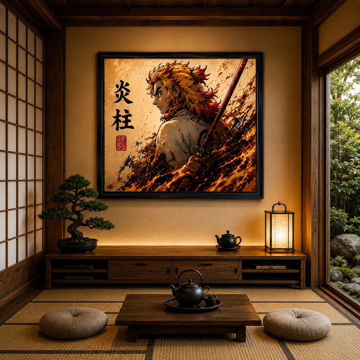 Demon Slayer Rengoku Anime Wall Art – Flame Hashira Japanese Kanji Canvas Print