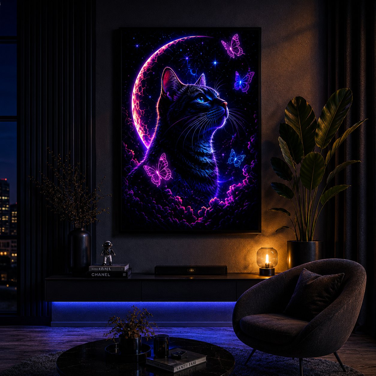 Cosmic Neon Cat & Butterflies – Celestial Mystic Feline Wall Art Blockout Print - Image 2