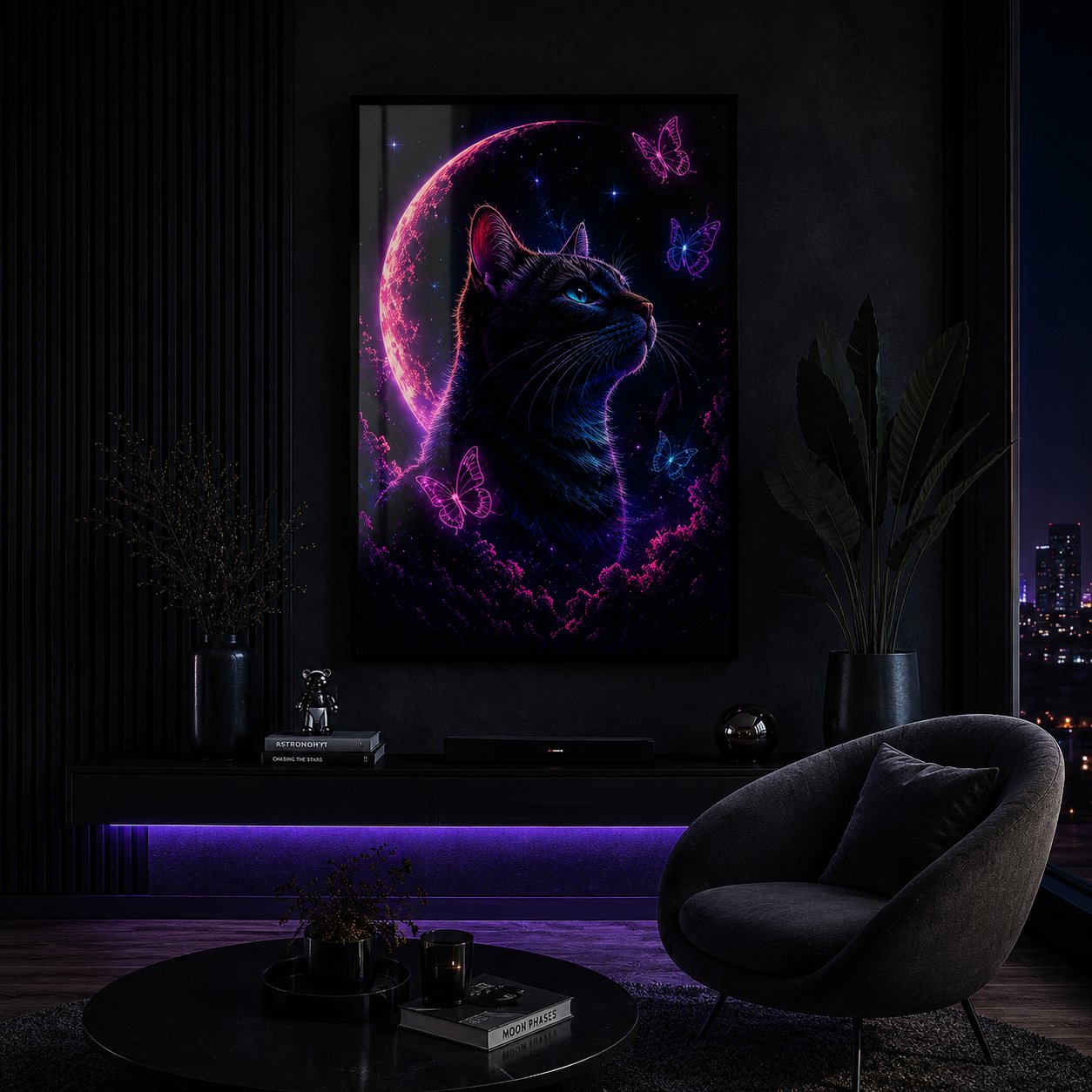 Cosmic Neon Cat & Butterflies – Celestial Mystic Feline Wall Art Blockout Print - Image 3