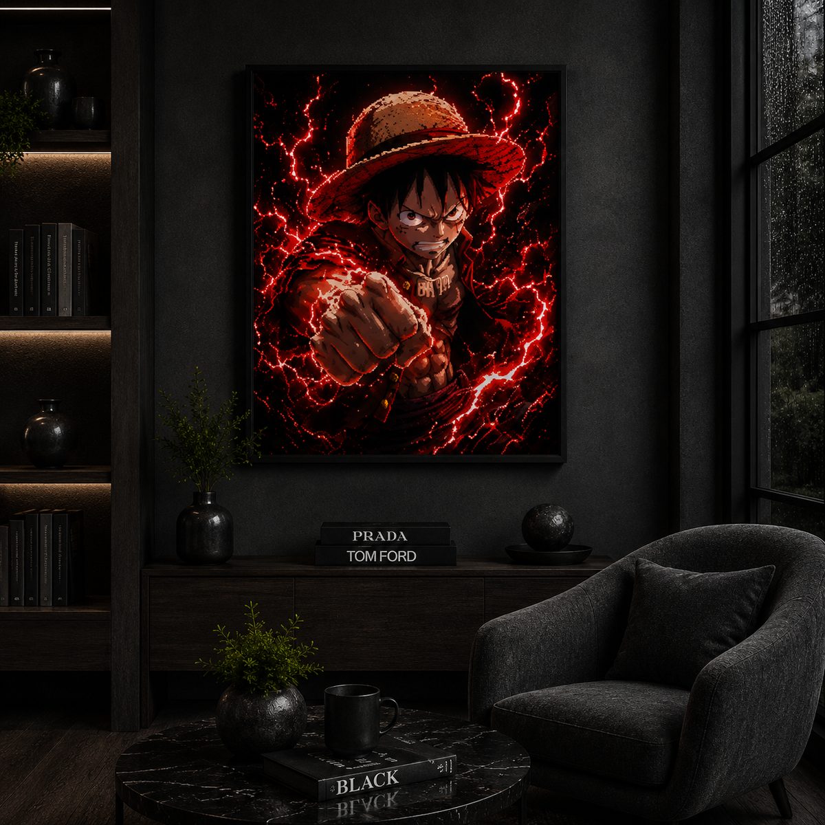 King of the Seas Haki – Crimson Lightning Pirate Captain Anime Wall Art Blockout Print - Image 2