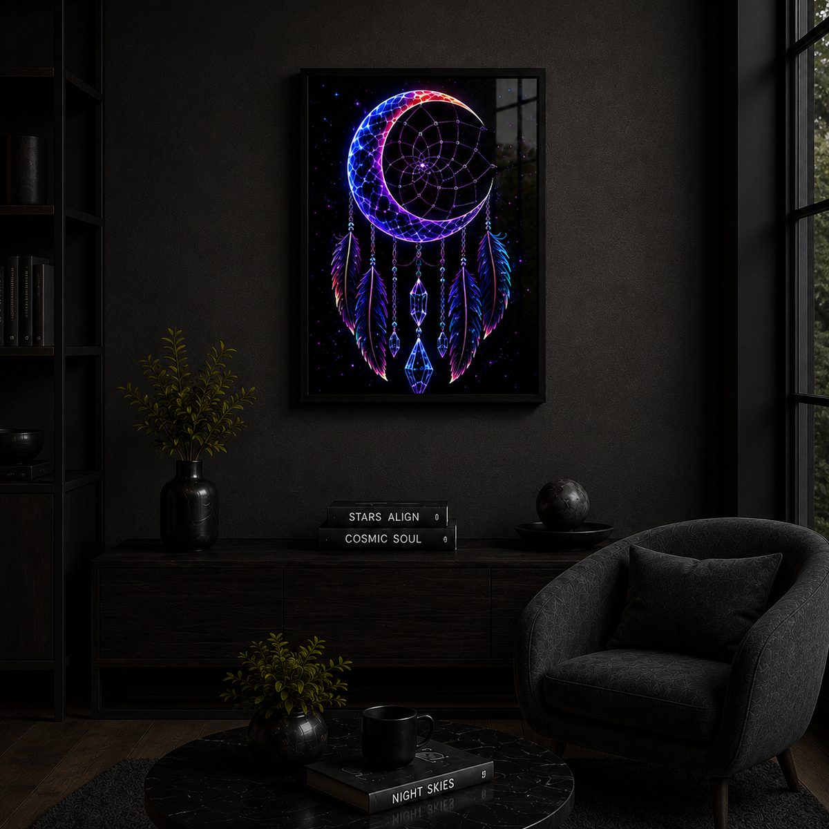 Crescent Moon Celestial Dreamcatcher – Mystical Crystals & Neon Galactic Wall Art Blockout Print - Image 3