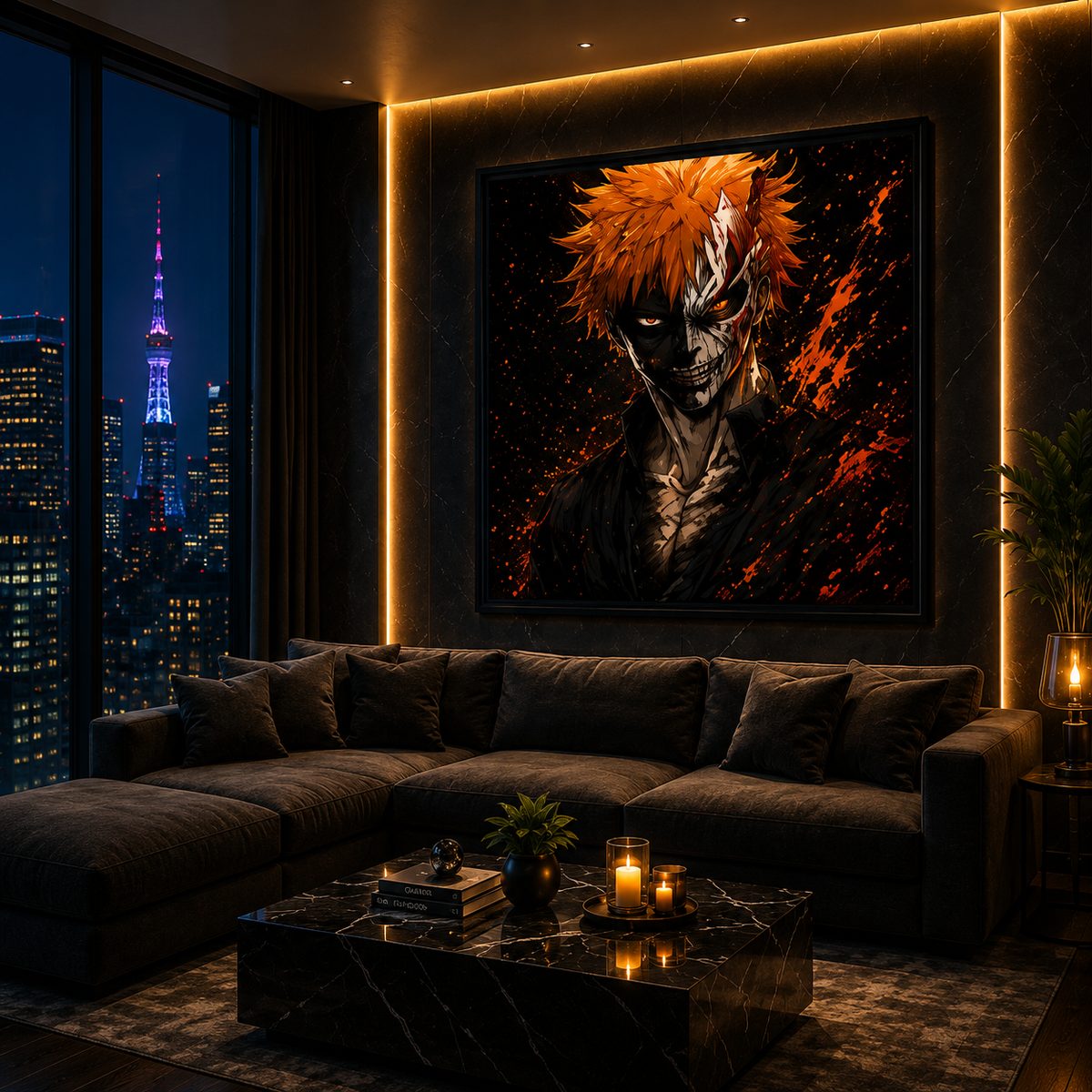Bleach Ichigo Kurosaki Anime Wall Art – Half Hollow Mask Orange Splatter Canvas Print - Image 2