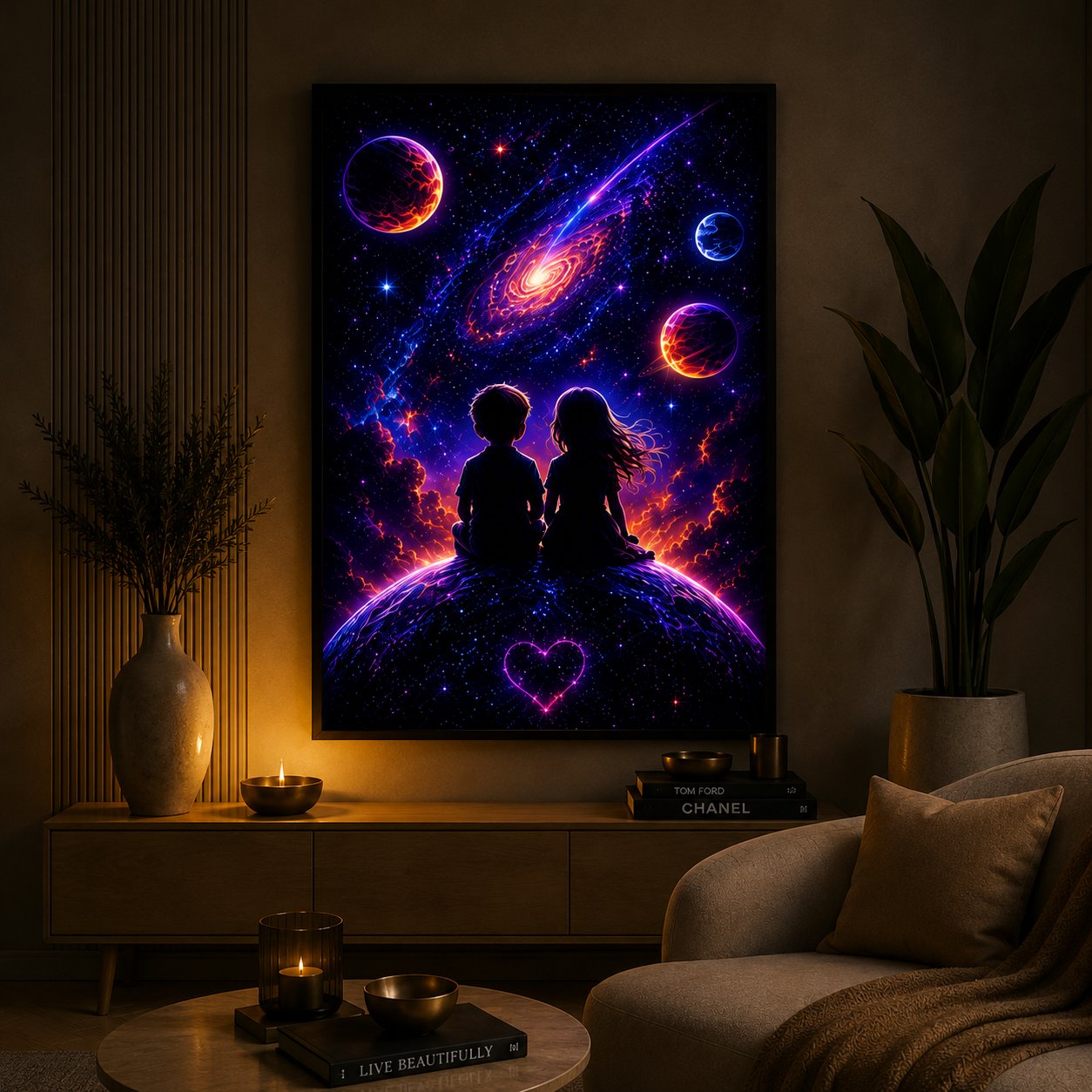 Stargazing Companions – Eternal Cosmic Heart & Spiral Galaxy Neon Wall Art Blockout Print - Image 3