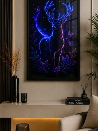 Cosmic Neon Stag Premium Blockout – Celestial Fantasy Wildlife Wall Art