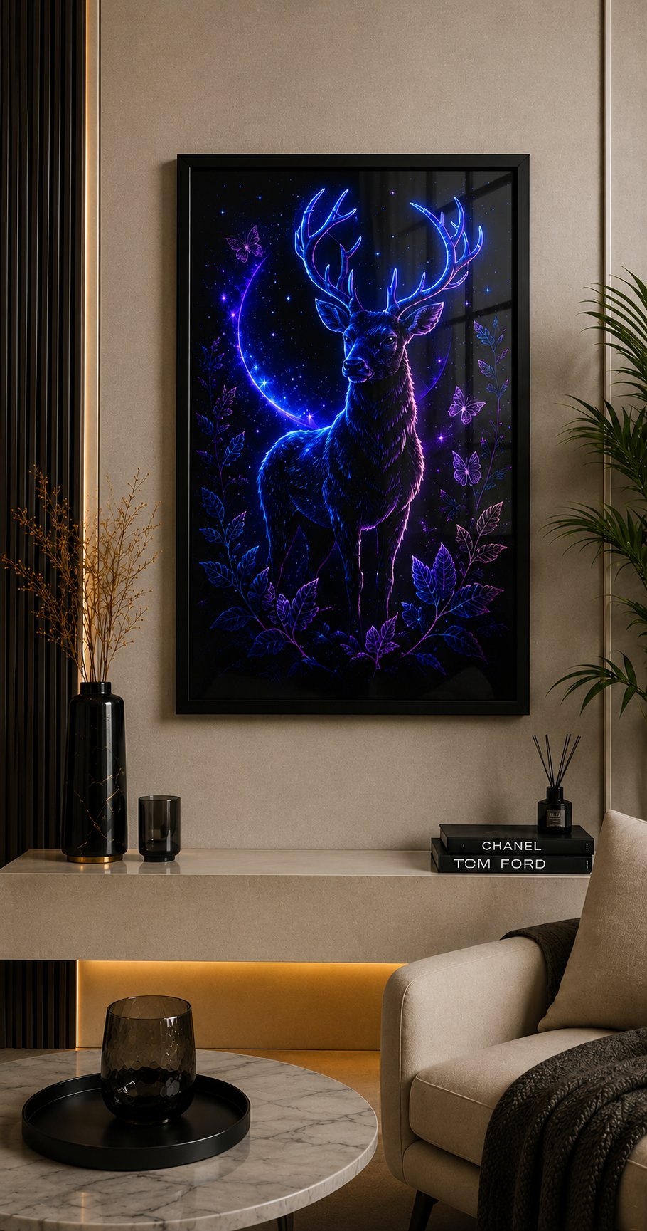 Cosmic Neon Stag Premium Blockout – Celestial Fantasy Wildlife Wall Art