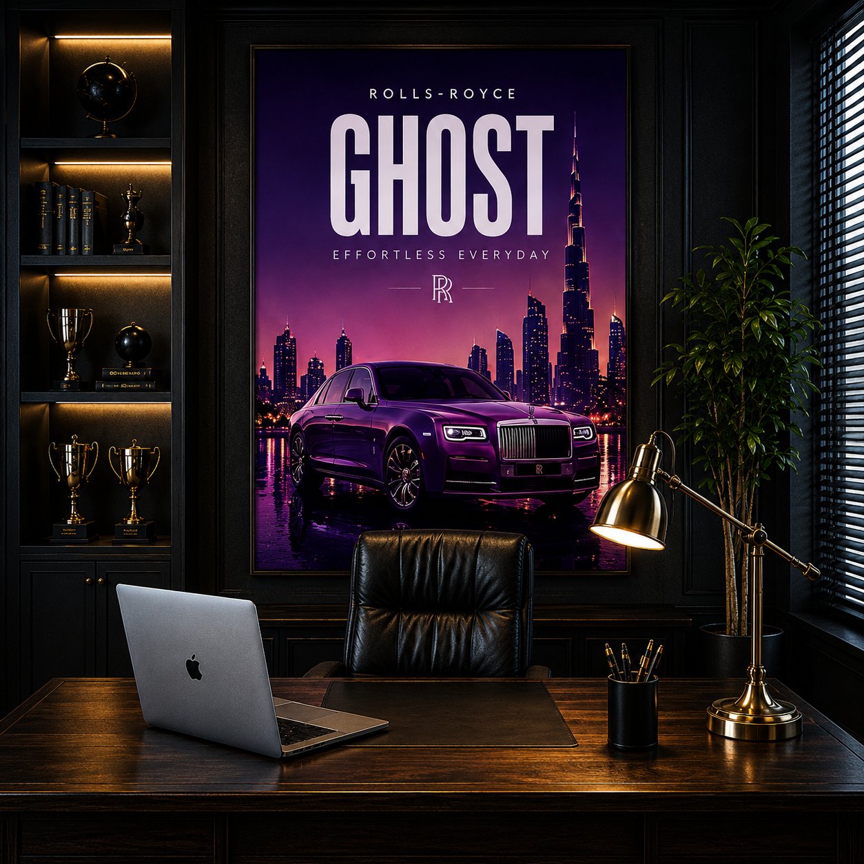Rolls-Royce Ghost Canvas Poster – Effortless Everyday Luxury Sedan Dubai Skyline Wall Art - Image 4