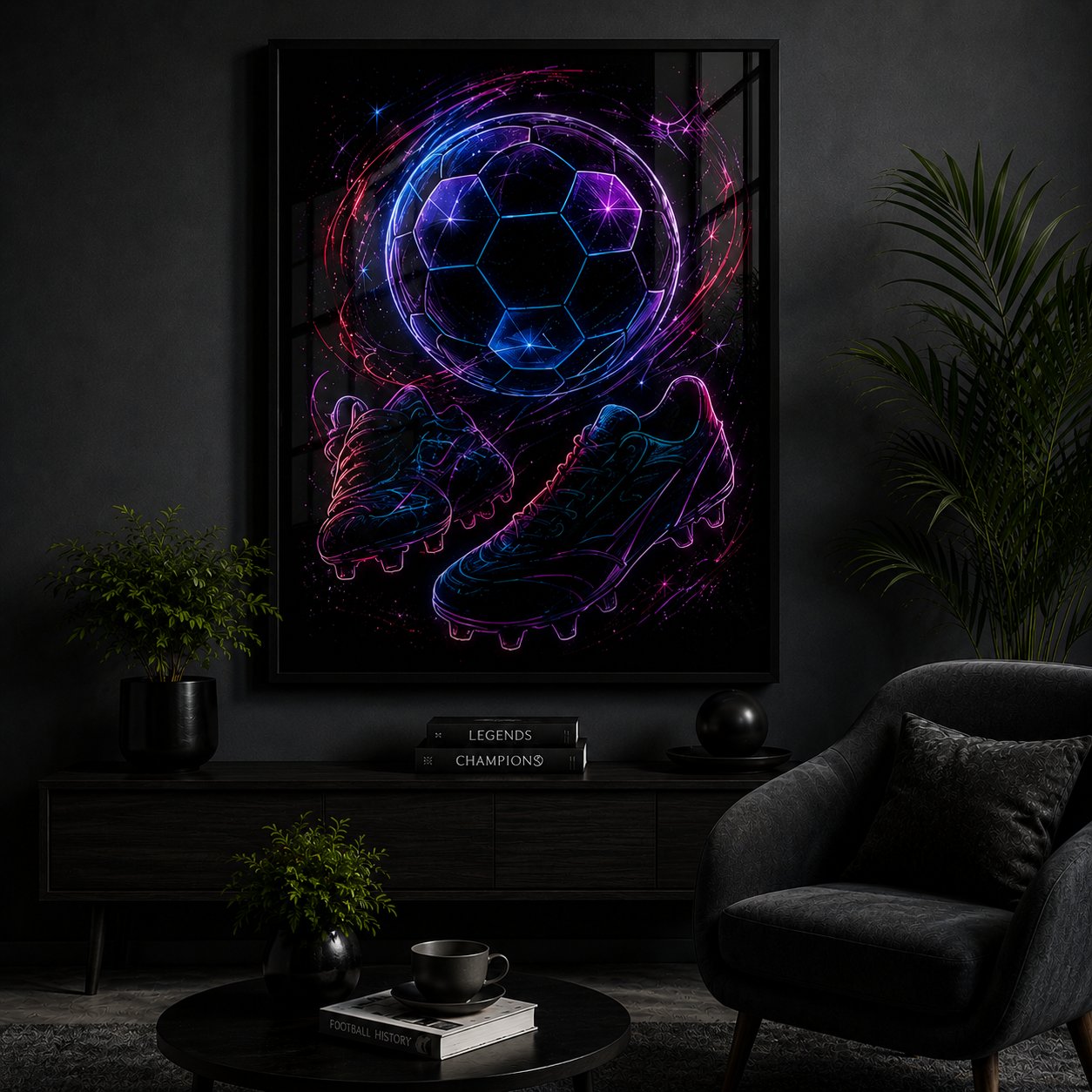 Electric Soccer Synergy – Neon Football and Cleats Athletic Wall Art Blockout Print - Image 2