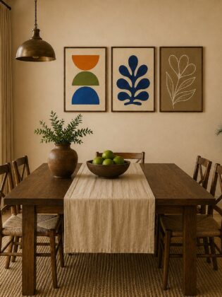 Minimalist Abstract Shapes & Matisse Leaf Canvas Art – Organic Modern Triptych Print Set