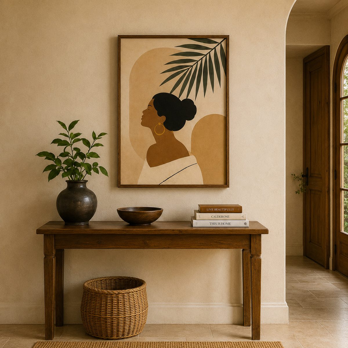 Minimalist Female Portrait & Palm Leaf Canvas Art – Organic Modern Boho Woman Print - Image 3