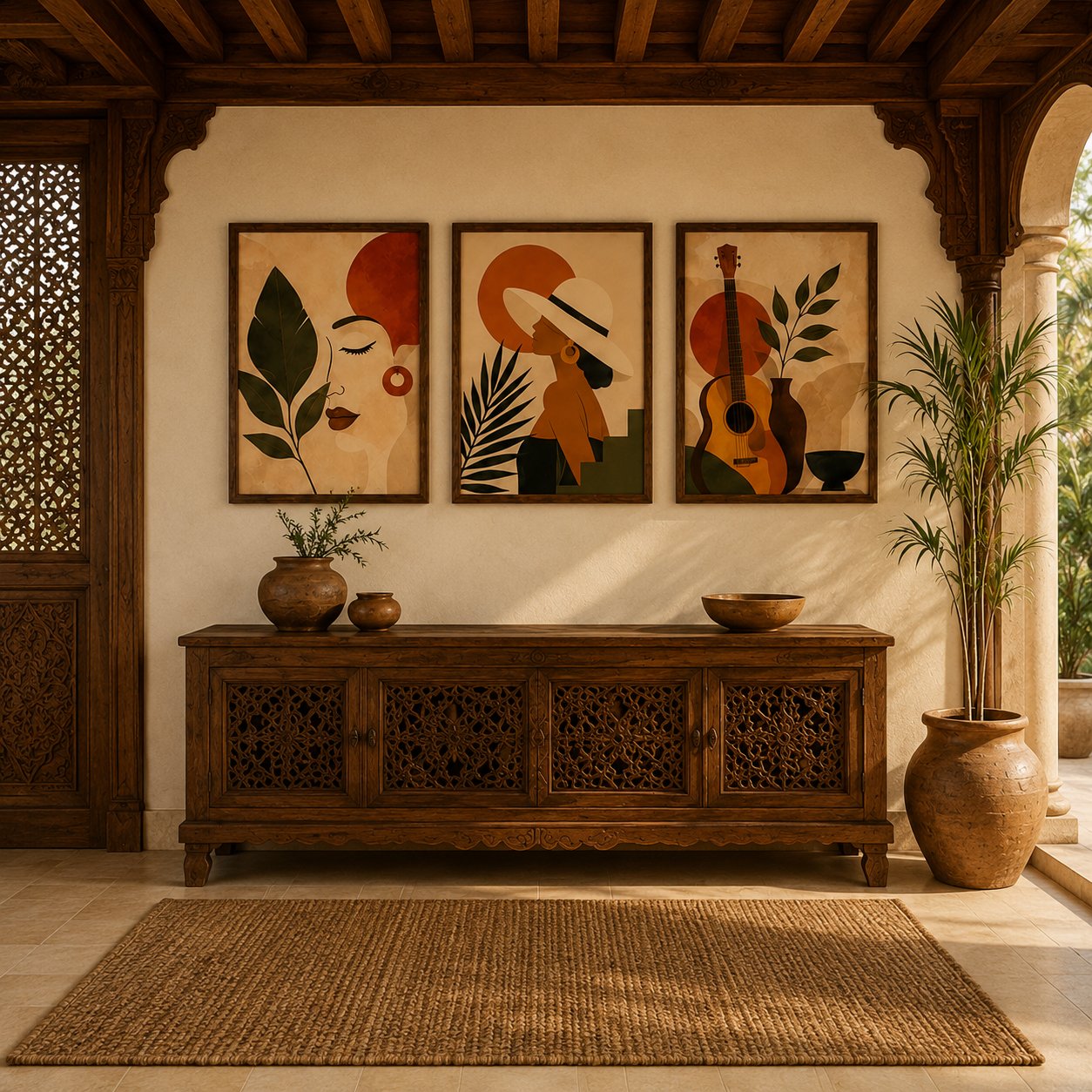 Abstract Acoustic Guitar & Woman Silhouette Canvas Art – Organic Modern Triptych Print Set - Image 4