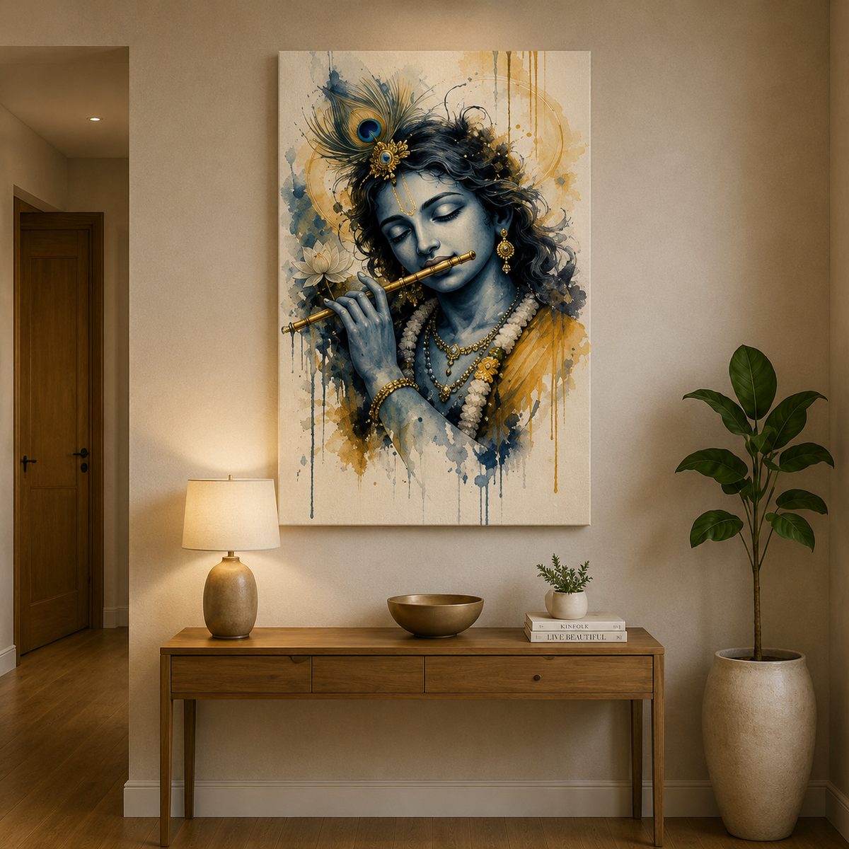 Krishna’s Divine Melody – Elegant Watercolor Canvas Art - Image 3