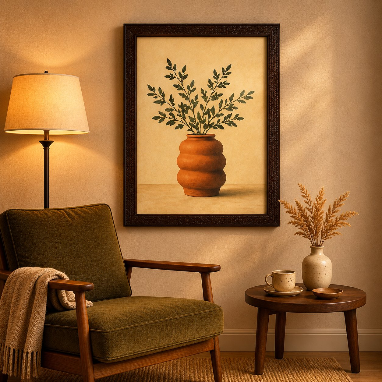 Minimalist Terracotta Ribbed Vase & Olive Branch Canvas Art – Organic Modern Botanical Print - Image 2