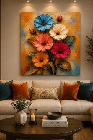 Vibrant Meadow Blooms 3D Canvas Print – Heavy Impasto Palette Knife Floral Wall Art