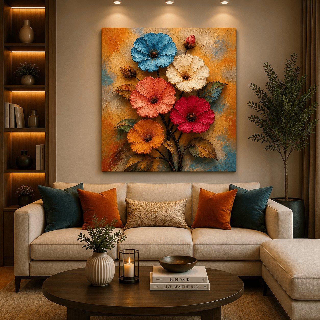 Vibrant Meadow Blooms 3D Canvas Print – Heavy Impasto Palette Knife Floral Wall Art