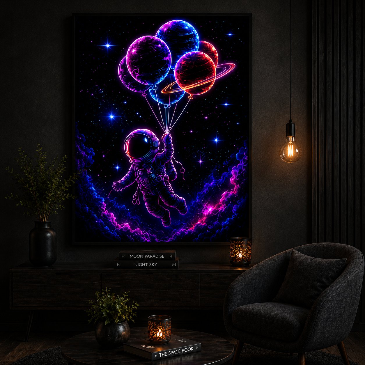 Cosmic Drift Astronaut – Whimsical Planet Balloons Neon Space Wall Art Blockout Print - Image 3