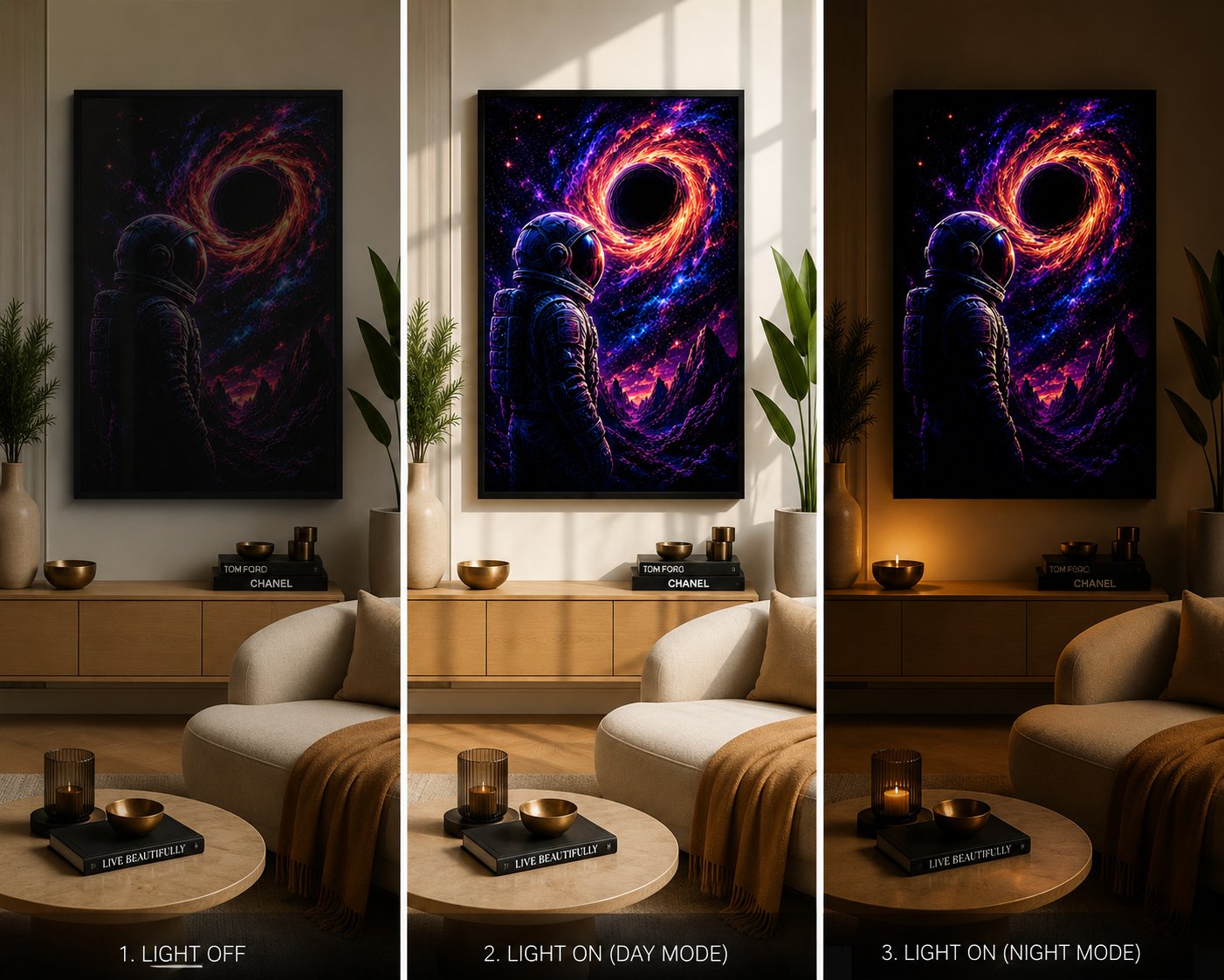 Astronaut at the Edge of the Void – Cosmic Black Hole Neon Space Wall Art Blockout Print - Image 4