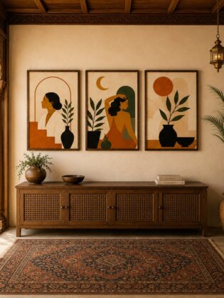 Boho Crescent Moon & Female Silhouette Canvas Art – Earthy Minimalist Portrait Print Set