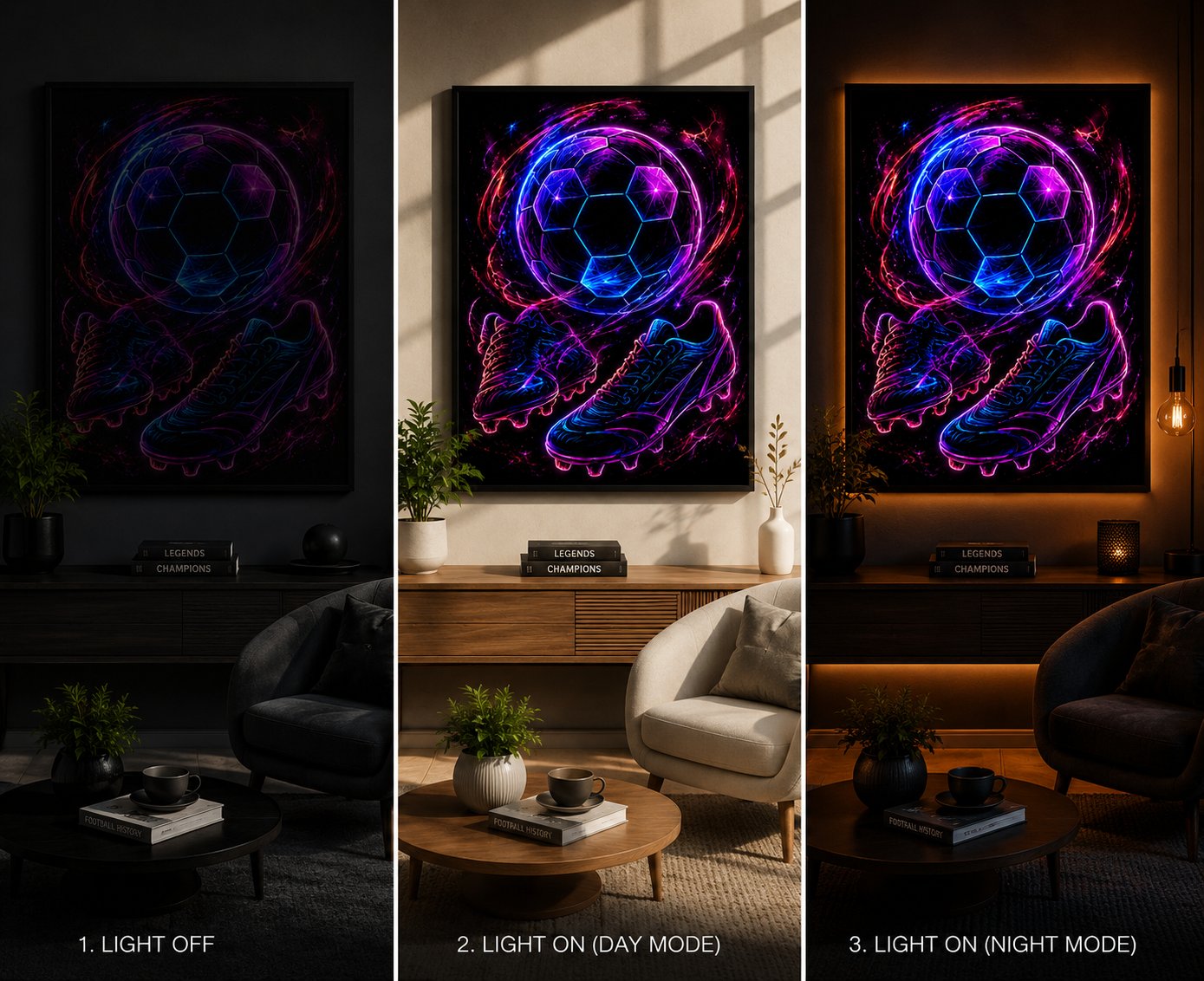 Electric Soccer Synergy – Neon Football and Cleats Athletic Wall Art Blockout Print - Image 4