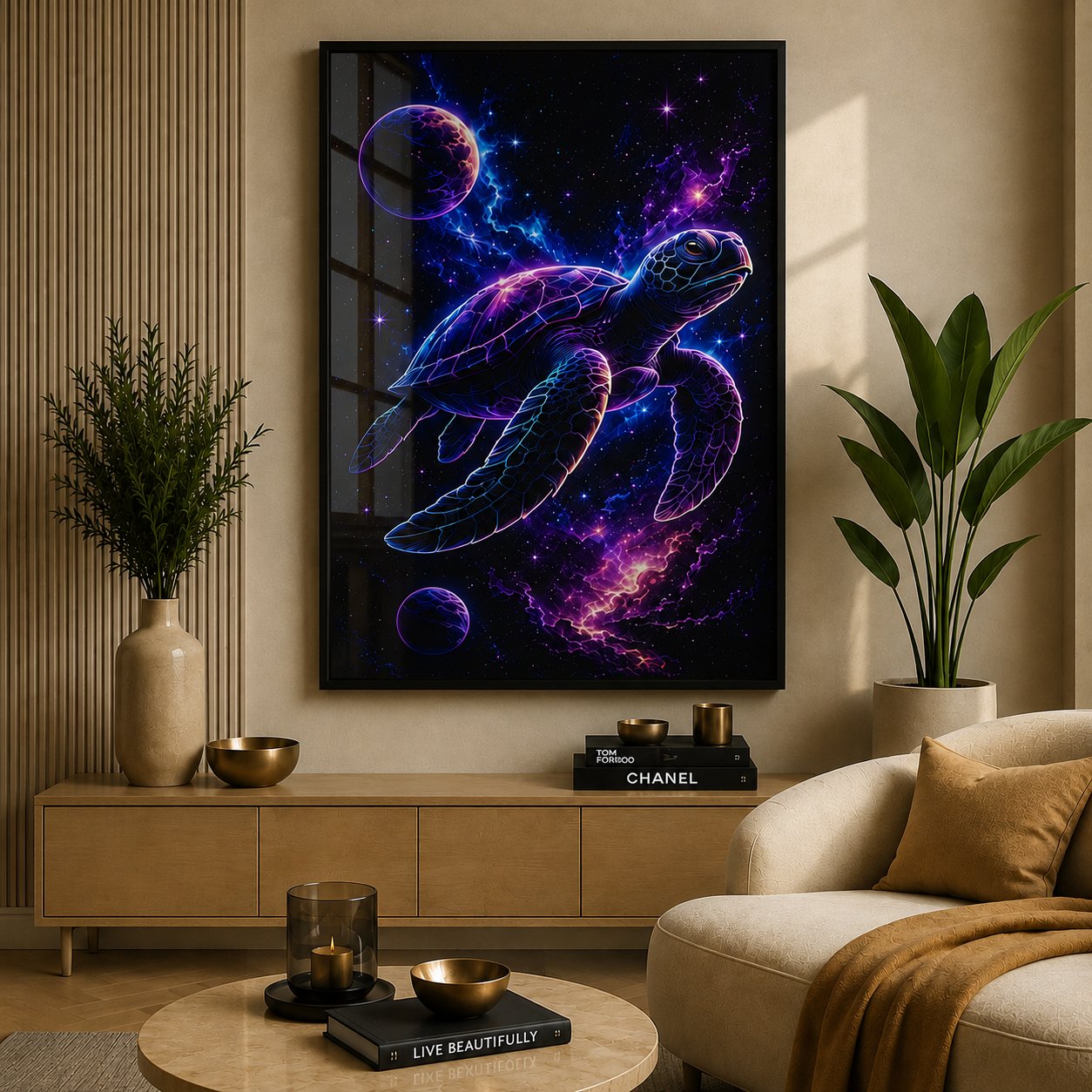 Cosmic Sea Turtle Voyage – Mystical Galactic Ocean Neon Wall Art Blockout Print - Image 3