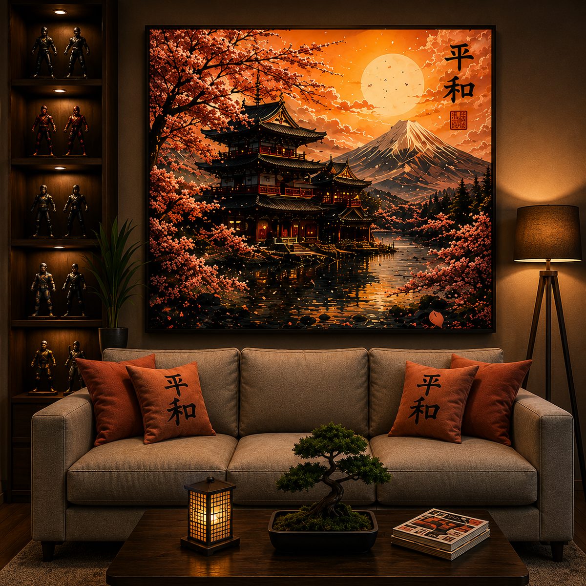 Mt. Fuji & Pagoda Japanese Sunset Canvas Art – Peaceful Cherry Blossom Wall Décor