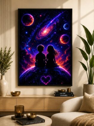 Stargazing Companions – Eternal Cosmic Heart & Spiral Galaxy Neon Wall Art Blockout Print