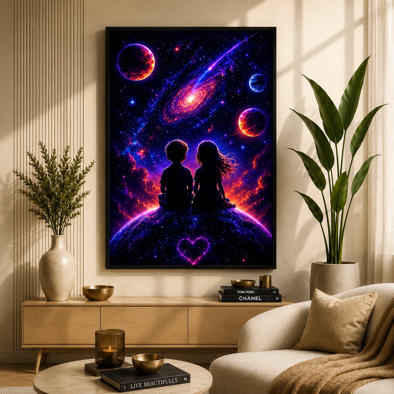 Stargazing Companions – Eternal Cosmic Heart & Spiral Galaxy Neon Wall Art Blockout Print