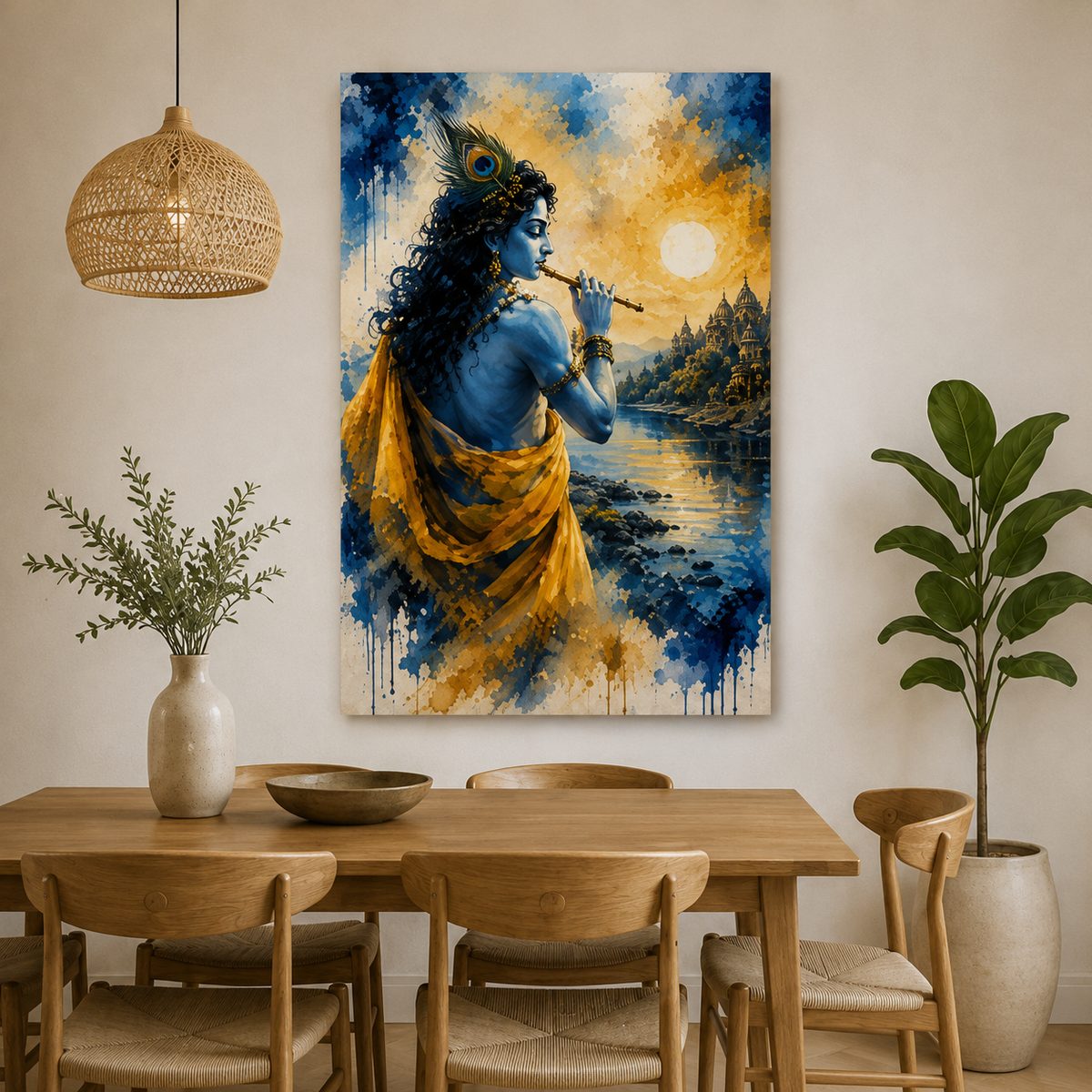 The Divine Flutist – Lord Krishna at Vrindavan Sunset Watercolor Art - Image 4