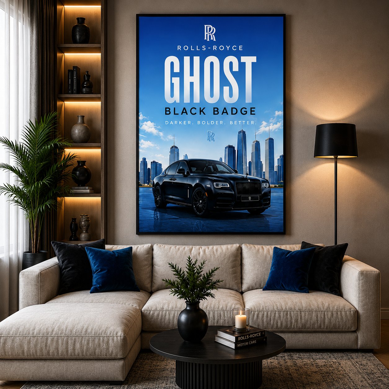 Rolls-Royce Ghost Black Badge Canvas Poster – Darker Bolded Better Luxury Sedan Skyline Wall Art