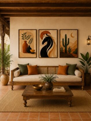 Minimalist Desert Horse & Saguaro Cactus Canvas Art – Organic Modern Triptych Print Set