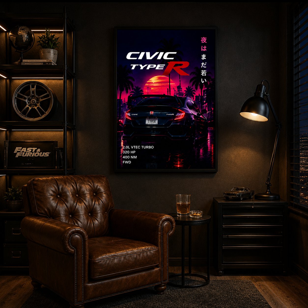 JDM Honda Civic Type R Canvas Poster – Synthwave Sunset Japanese Hot Hatch Wall Art - Image 3