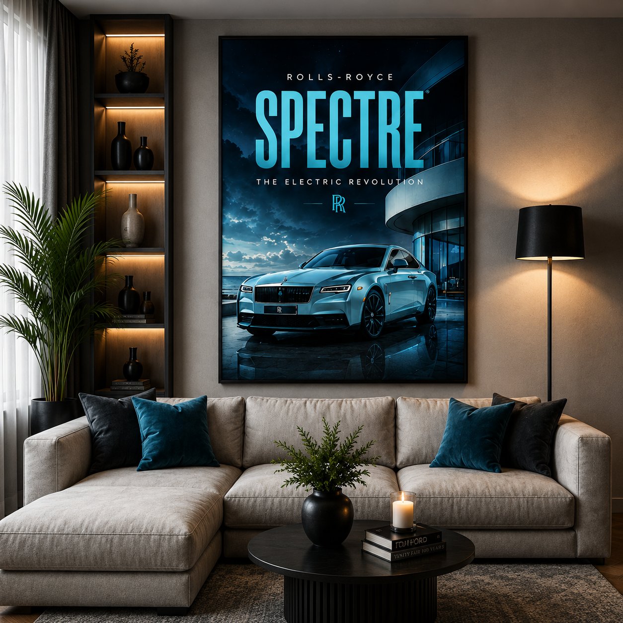 Rolls-Royce Spectre Canvas Poster – The Electric Revolution Luxury Coupe Night Skyline Wall Art