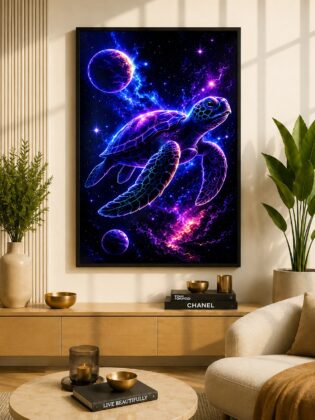 Cosmic Sea Turtle Voyage – Mystical Galactic Ocean Neon Wall Art Blockout Print