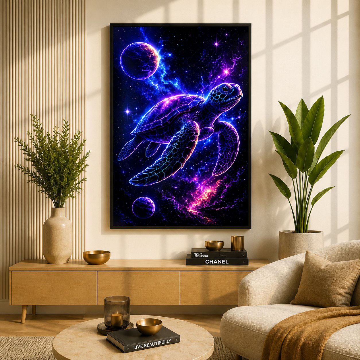 Cosmic Sea Turtle Voyage – Mystical Galactic Ocean Neon Wall Art Blockout Print