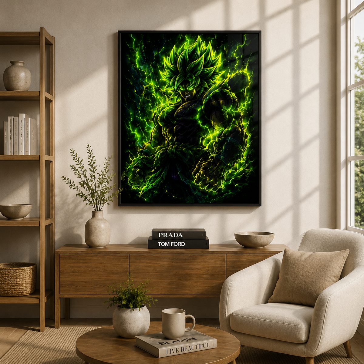 Legendary Berserker Rage – Electric Green Aura Anime Wall Art Blockout Print