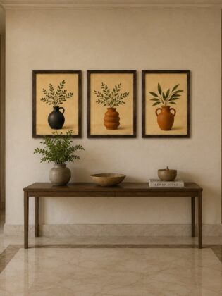 Minimalist Terracotta Pottery & Olive Branch Canvas Art – Organic Modern Triptych Print Set