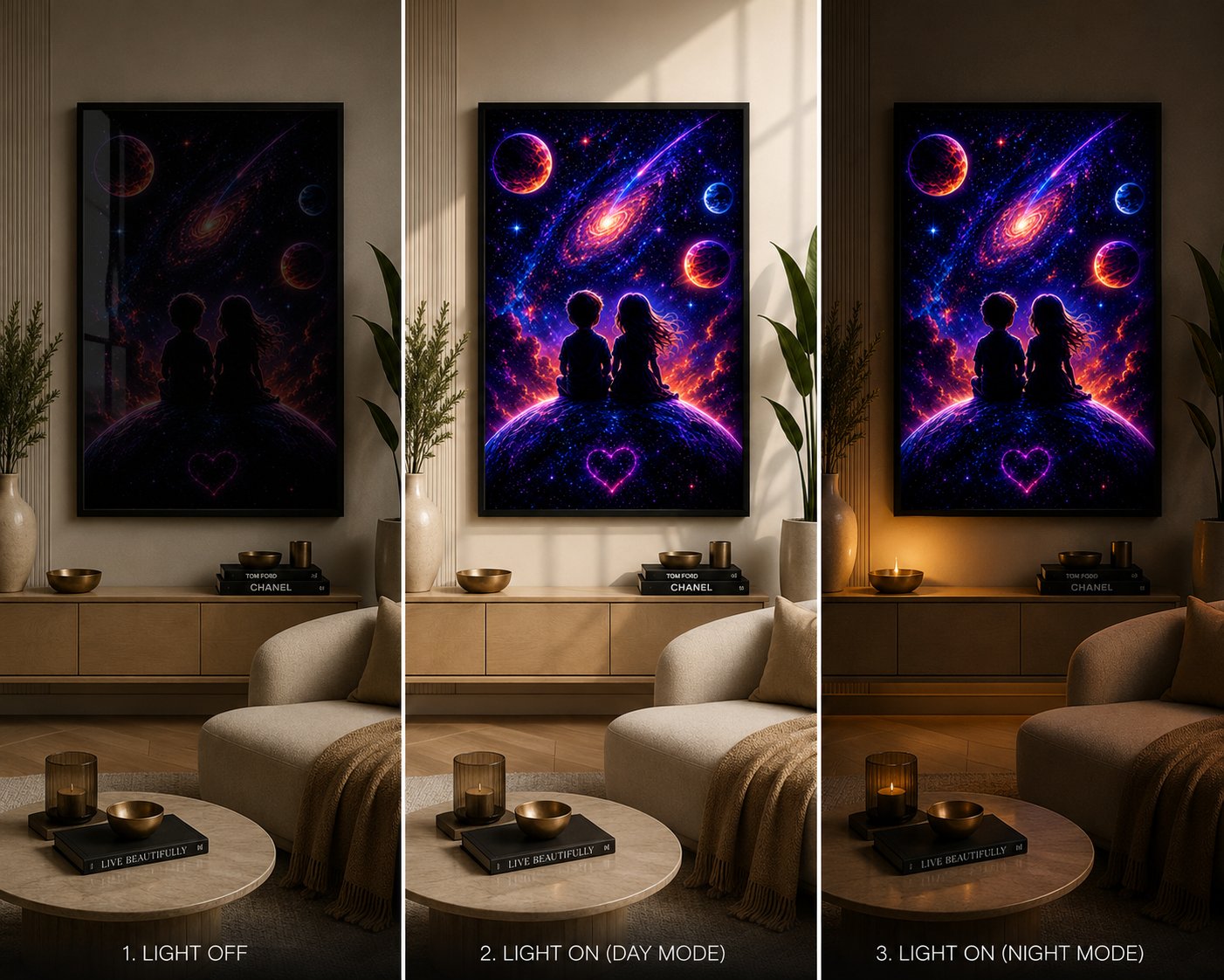 Stargazing Companions – Eternal Cosmic Heart & Spiral Galaxy Neon Wall Art Blockout Print - Image 4