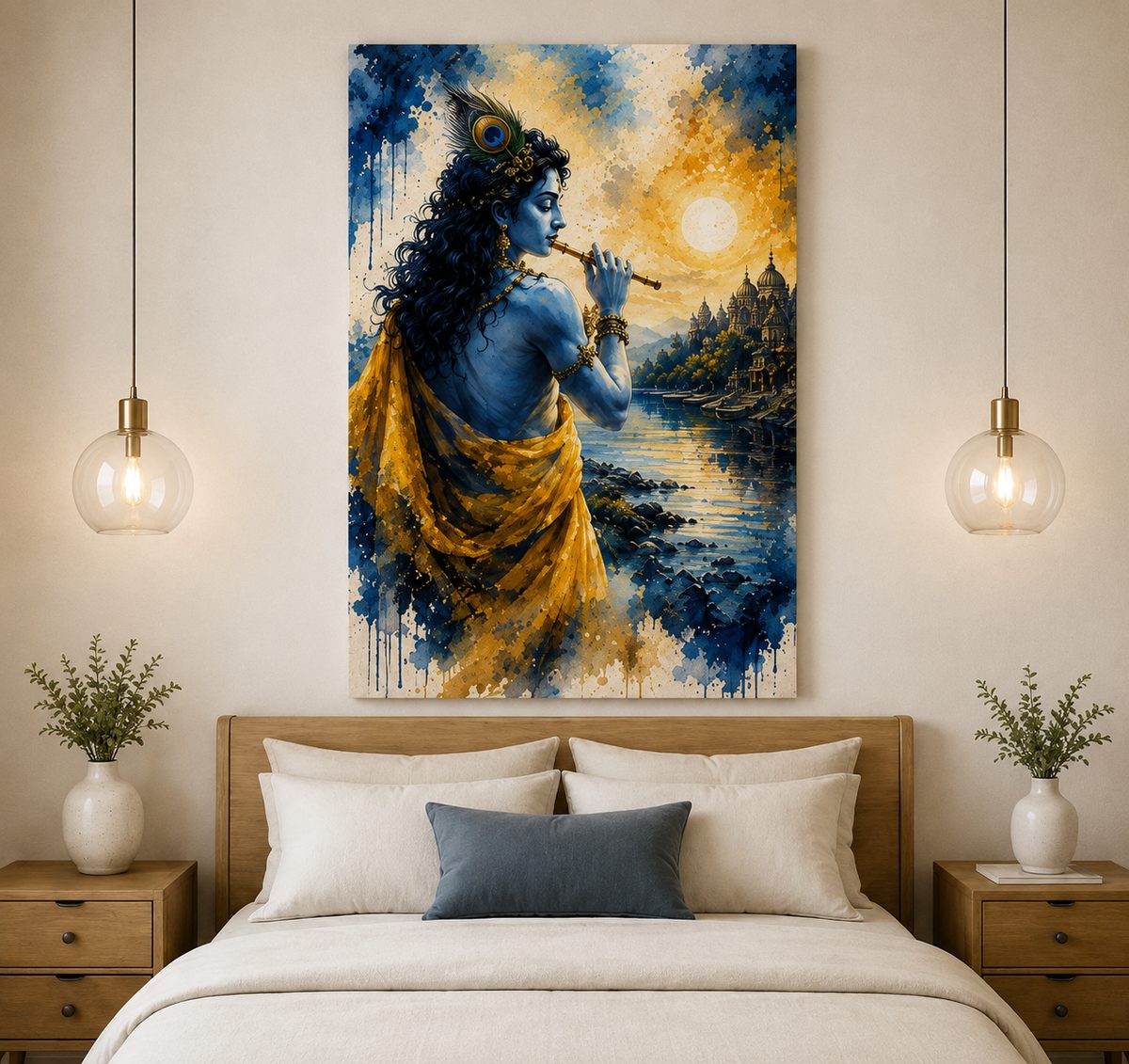 The Divine Flutist – Lord Krishna at Vrindavan Sunset Watercolor Art - Image 3