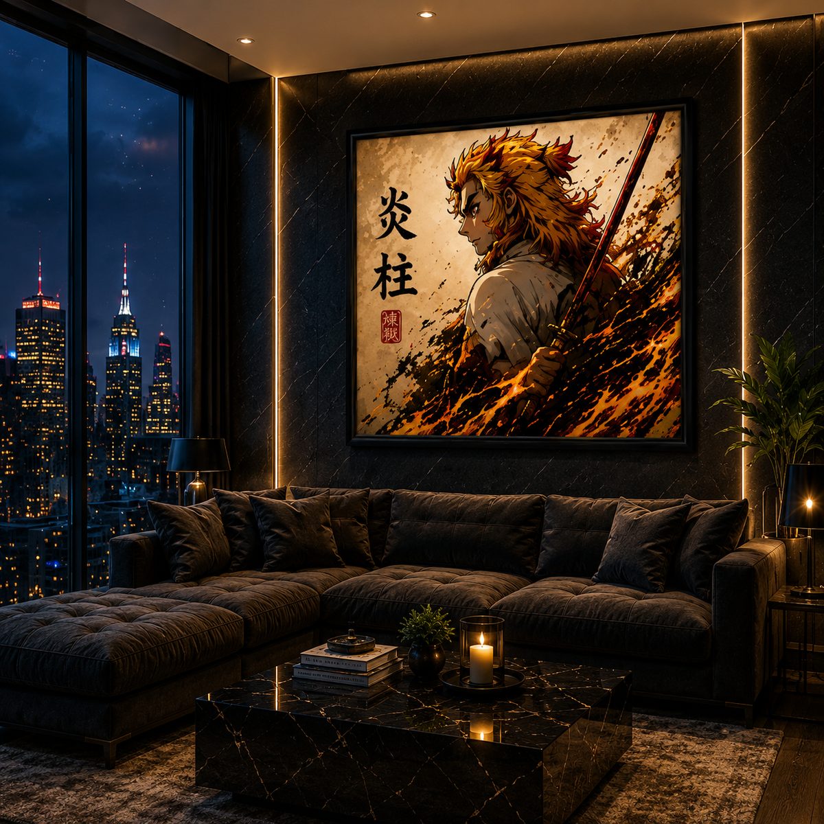 Demon Slayer Rengoku Anime Wall Art – Flame Hashira Japanese Kanji Canvas Print - Image 2