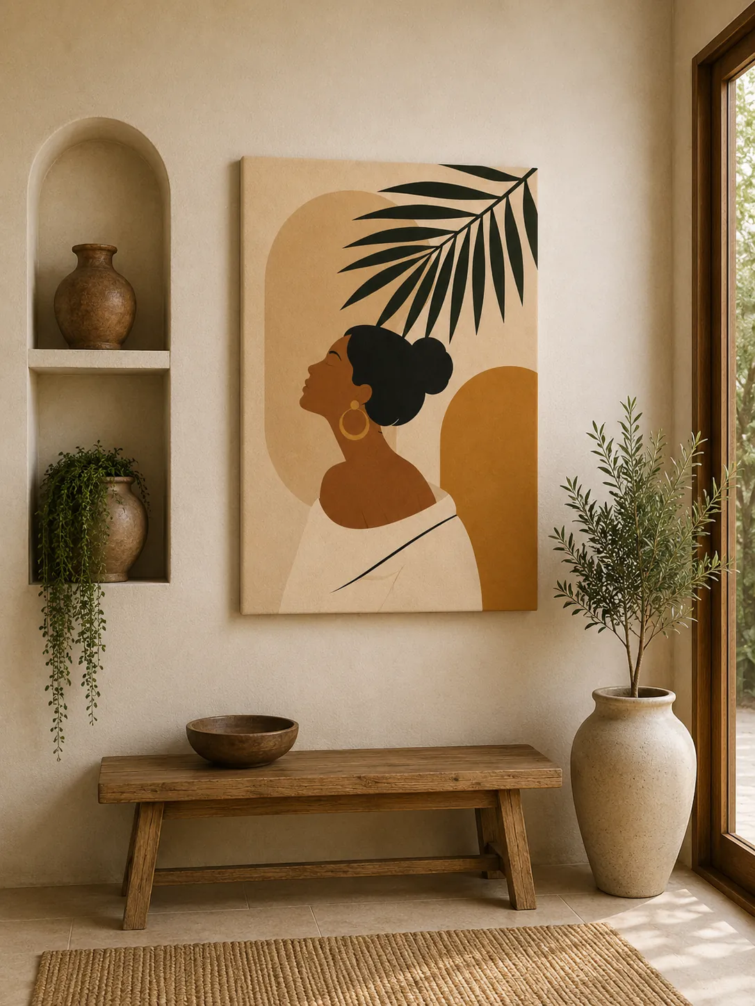 Minimalist Female Portrait & Palm Leaf Canvas Art – Organic Modern Boho Woman Print - Image 3