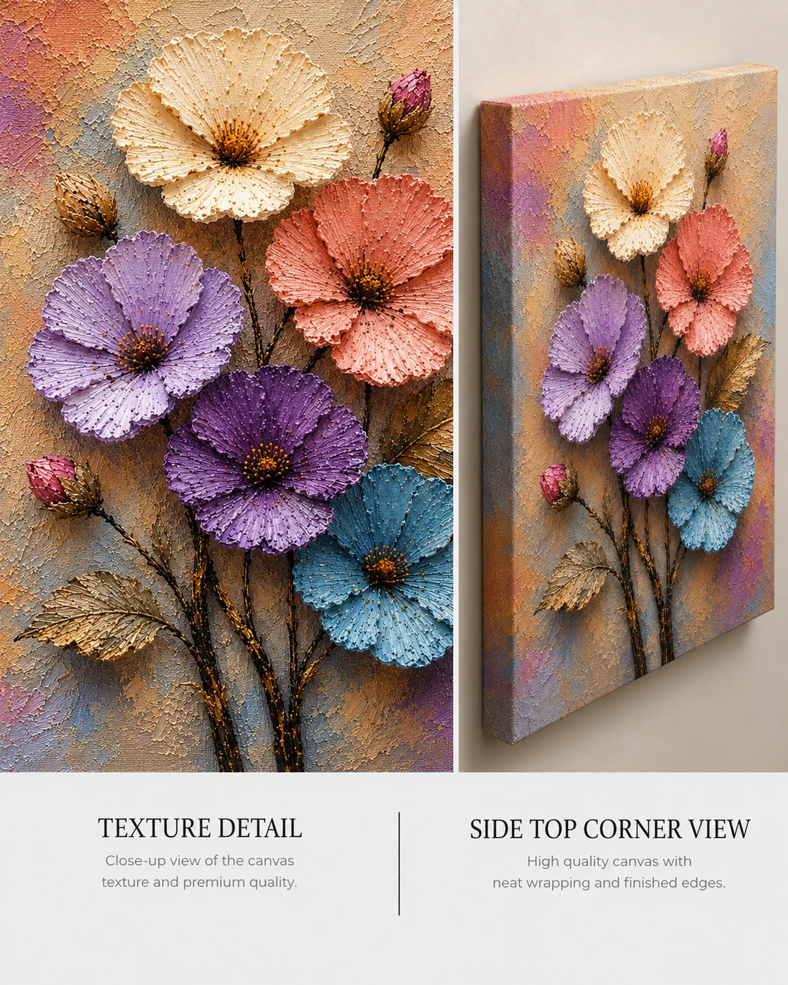 Pastel Dream 3D Floral Canvas Print – Heavy Impasto Palette Knife Wildflower Art - Image 4
