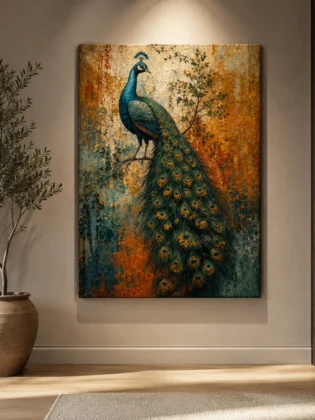 Majestic Regal Peacock Canvas Print – Distressed Vintage Fresco Wildlife Wall Art