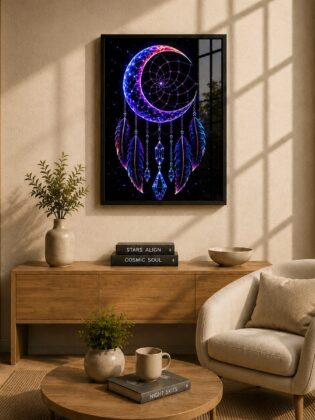 Crescent Moon Celestial Dreamcatcher – Mystical Crystals & Neon Galactic Wall Art Blockout Print
